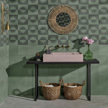 Two tone Green tiles in modern bathroom with pink sink. Tiles by Otto